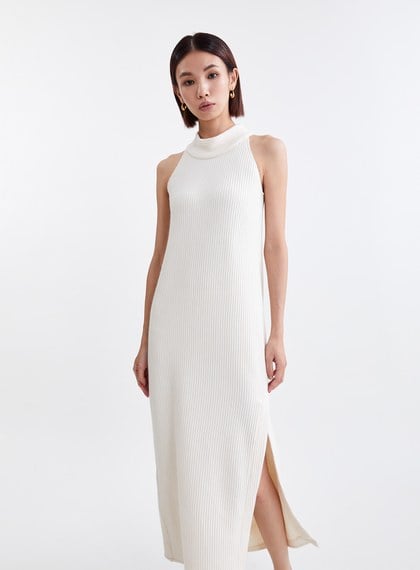 慵懶坑條削肩針織BRA長洋裝