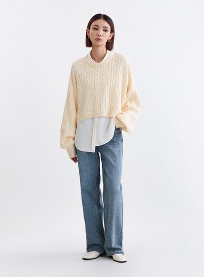 慵懶麻花織紋短版針織上衣