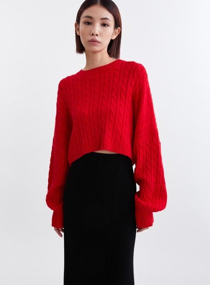 慵懶麻花織紋短版針織上衣