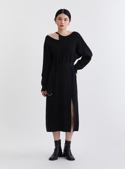 時髦挖肩造型綁帶針織洋裝