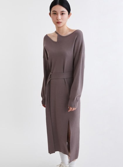 時髦挖肩造型綁帶針織洋裝