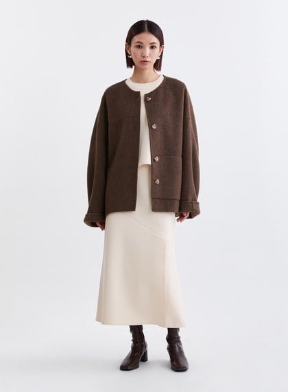 羊毛雙面呢圓領不對稱拼接大衣