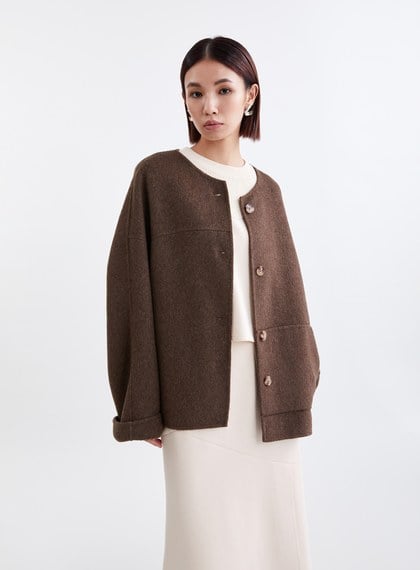 羊毛雙面呢圓領不對稱拼接大衣