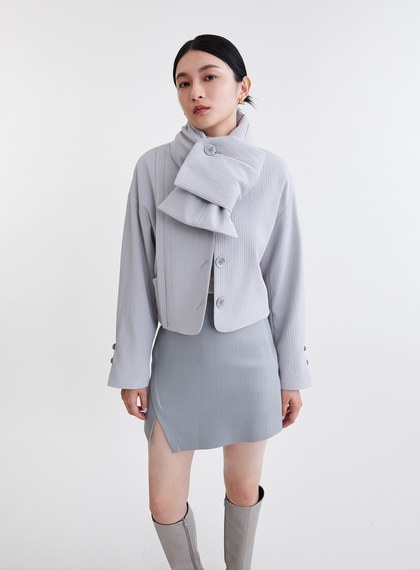 鋪棉圍巾立體坑條短版外套