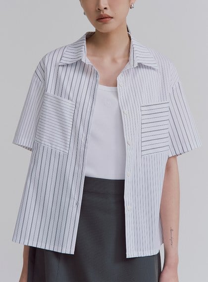 不對稱條紋拼接短袖襯衫