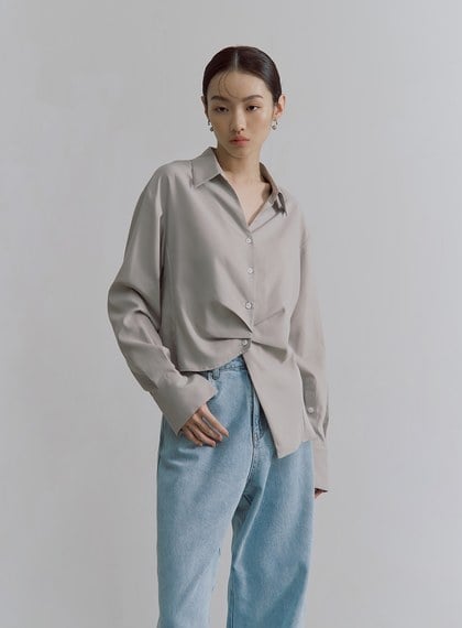 不對稱打褶設計長袖襯衫
