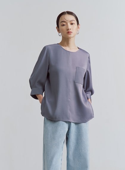 微光澤後壓褶五分袖上衣