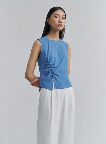 百搭抽褶開衩無袖上衣