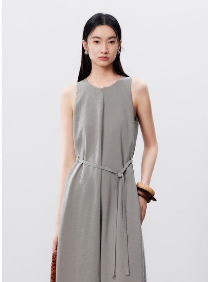 清涼亞麻感綁帶洋裝