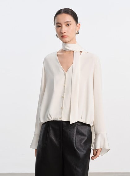 優雅V領飄帶襯衫