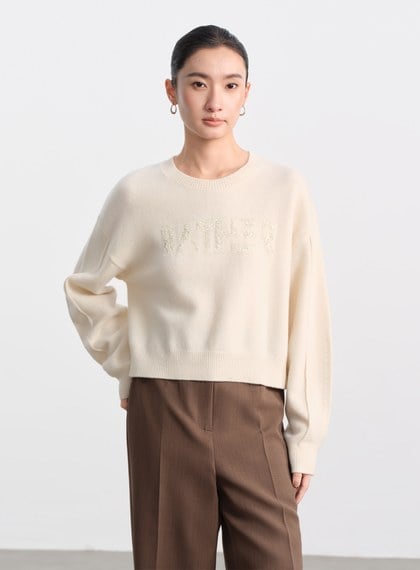 精緻珠片紗LOGO羊毛針織上衣