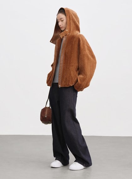 絨面連帽繭型休閒外套