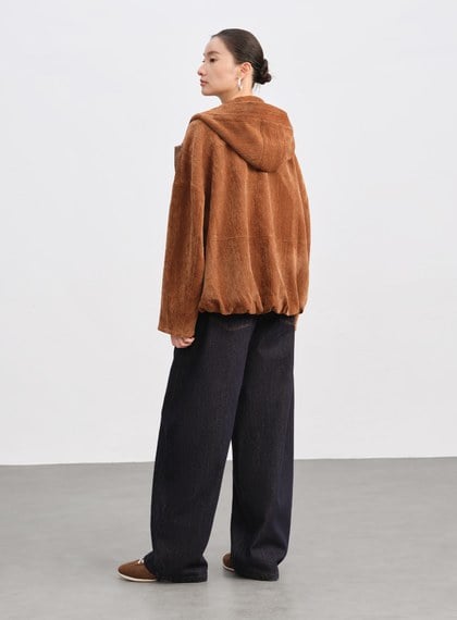 絨面連帽繭型休閒外套