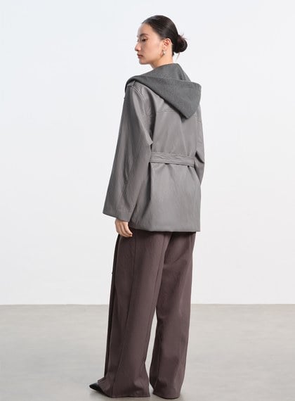 柔霧皮革拼接連帽外套