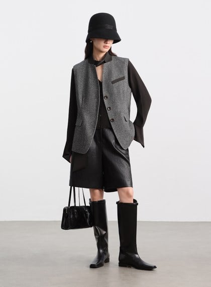 麂皮拼接人字紋立領馬甲