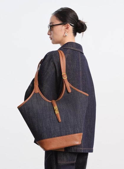 撞色拼接牛仔皮革托特包