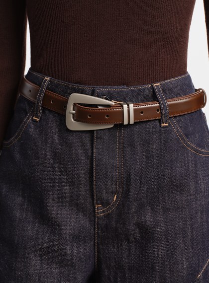 真皮霧銀椭圓造型皮帶