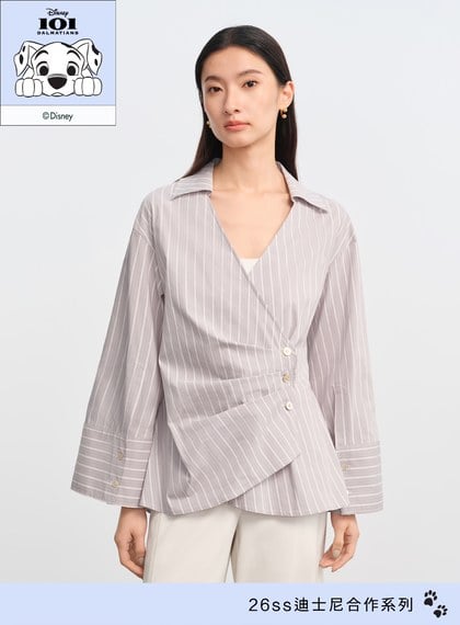 DISNEY｜V領條紋收腰開襟襯衫