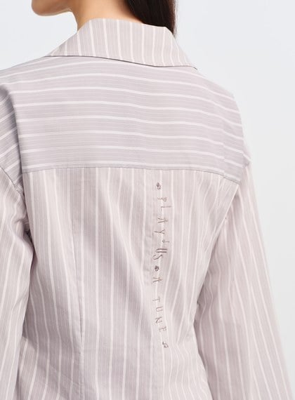 DISNEY｜V領條紋收腰開襟襯衫