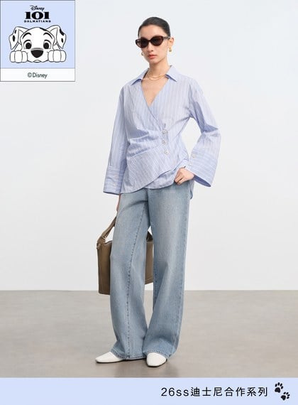 DISNEY｜V領條紋收腰開襟襯衫