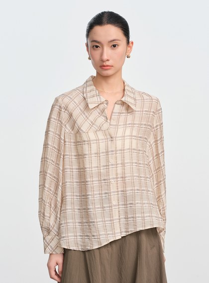 復古格紋落肩襯衫