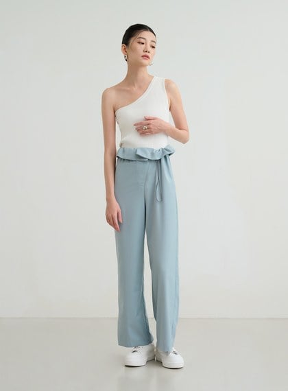 不對稱收腰直筒寬褲