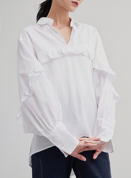 荷葉邊落肩長袖襯衫