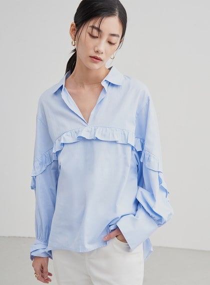 荷葉邊落肩長袖襯衫